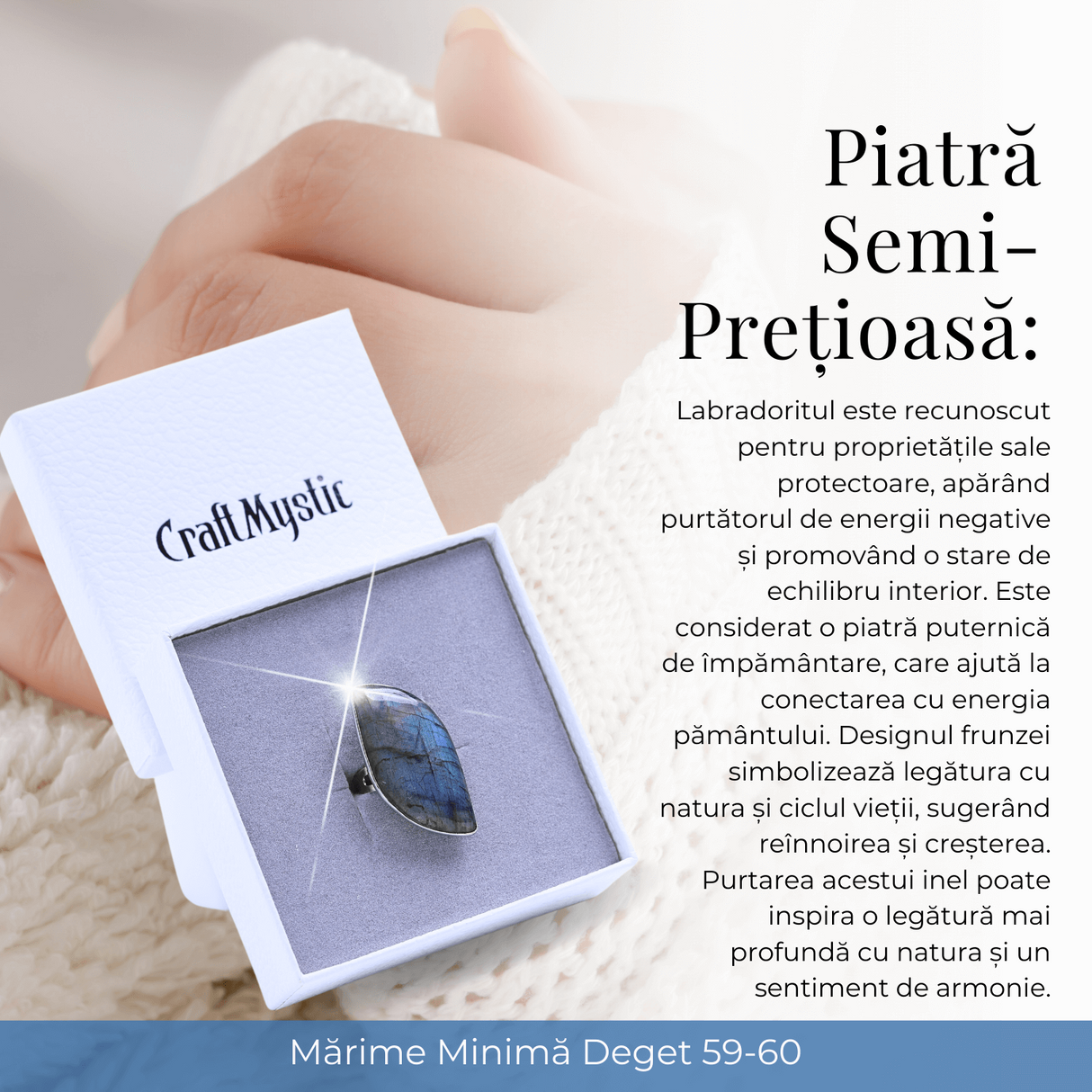 Inel argintiu ajustabil cu Labradorit design frunza, pentru protectie si intuitie