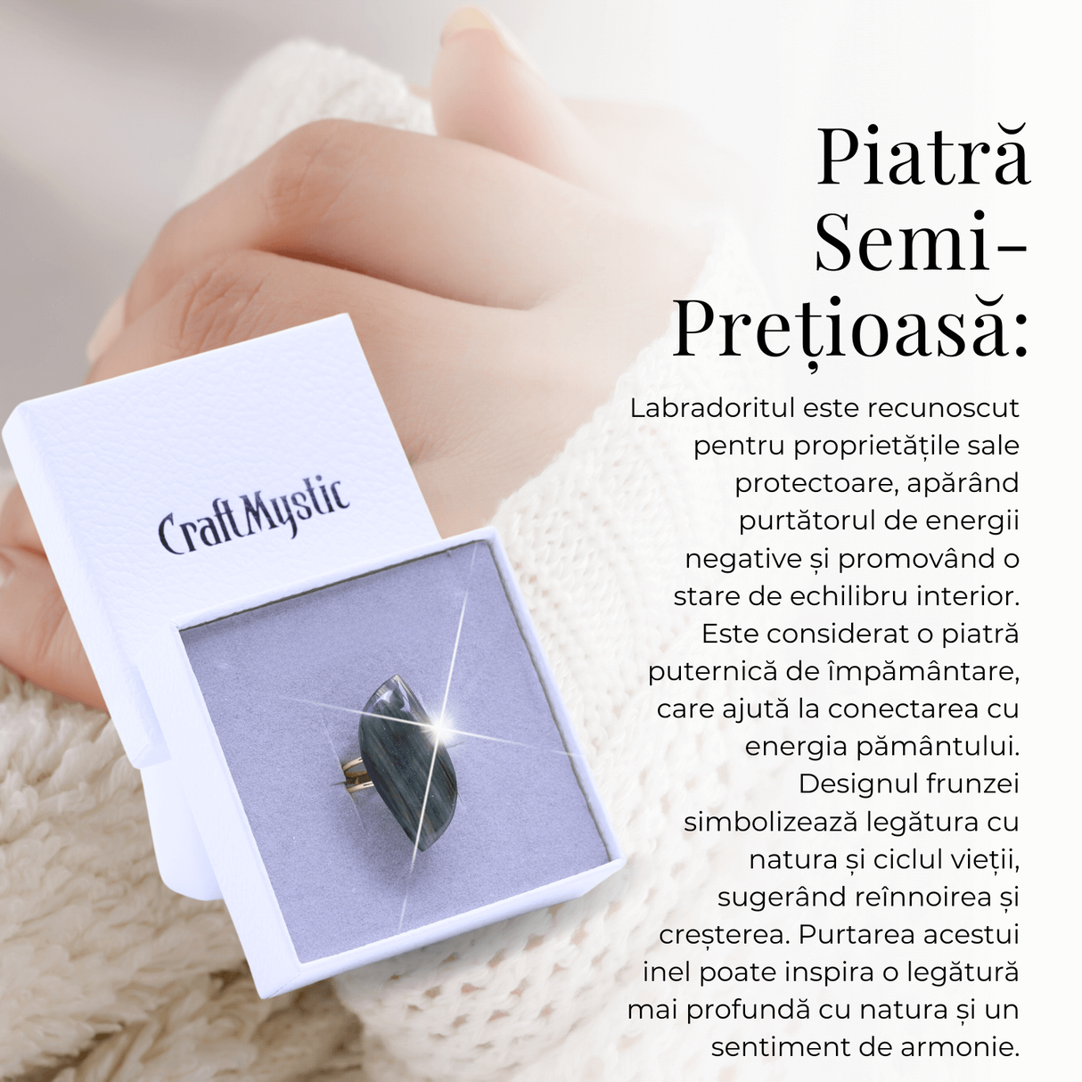 Inel auriu ajustabil cu Labradorit design frunza, pentru protectie si intuitie