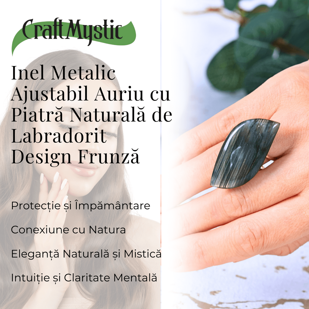 Inel auriu ajustabil cu Labradorit design frunza, pentru protectie si intuitie