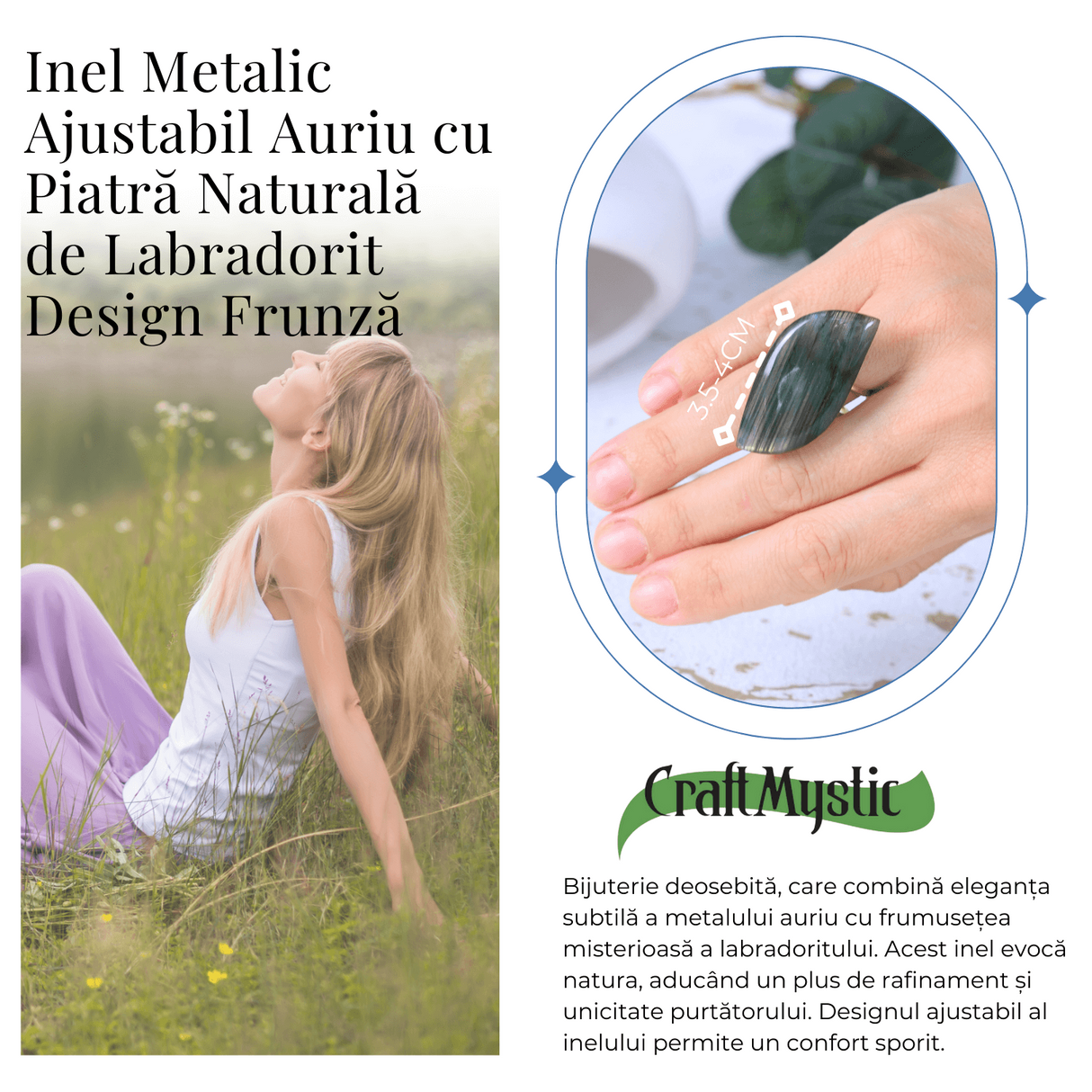 Inel auriu ajustabil cu Labradorit design frunza, pentru protectie si intuitie