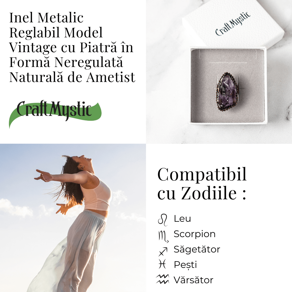 Inel Reglabil Vintage cu Ametist Natural – Claritate si Echilibru