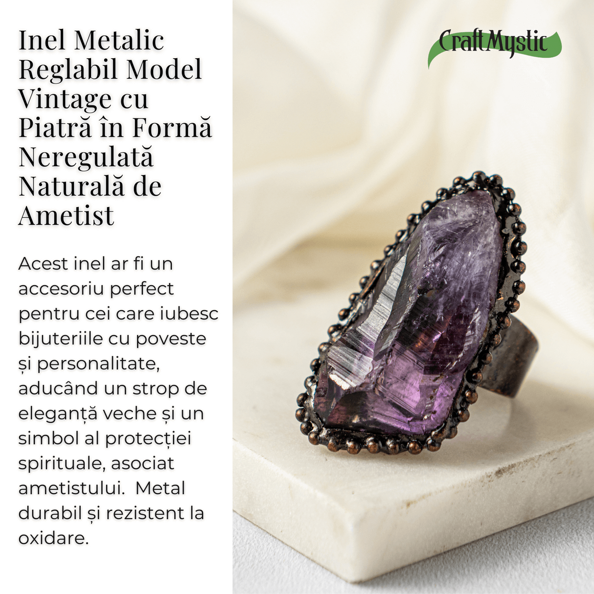 Inel Reglabil Vintage cu Ametist Natural – Claritate si Echilibru