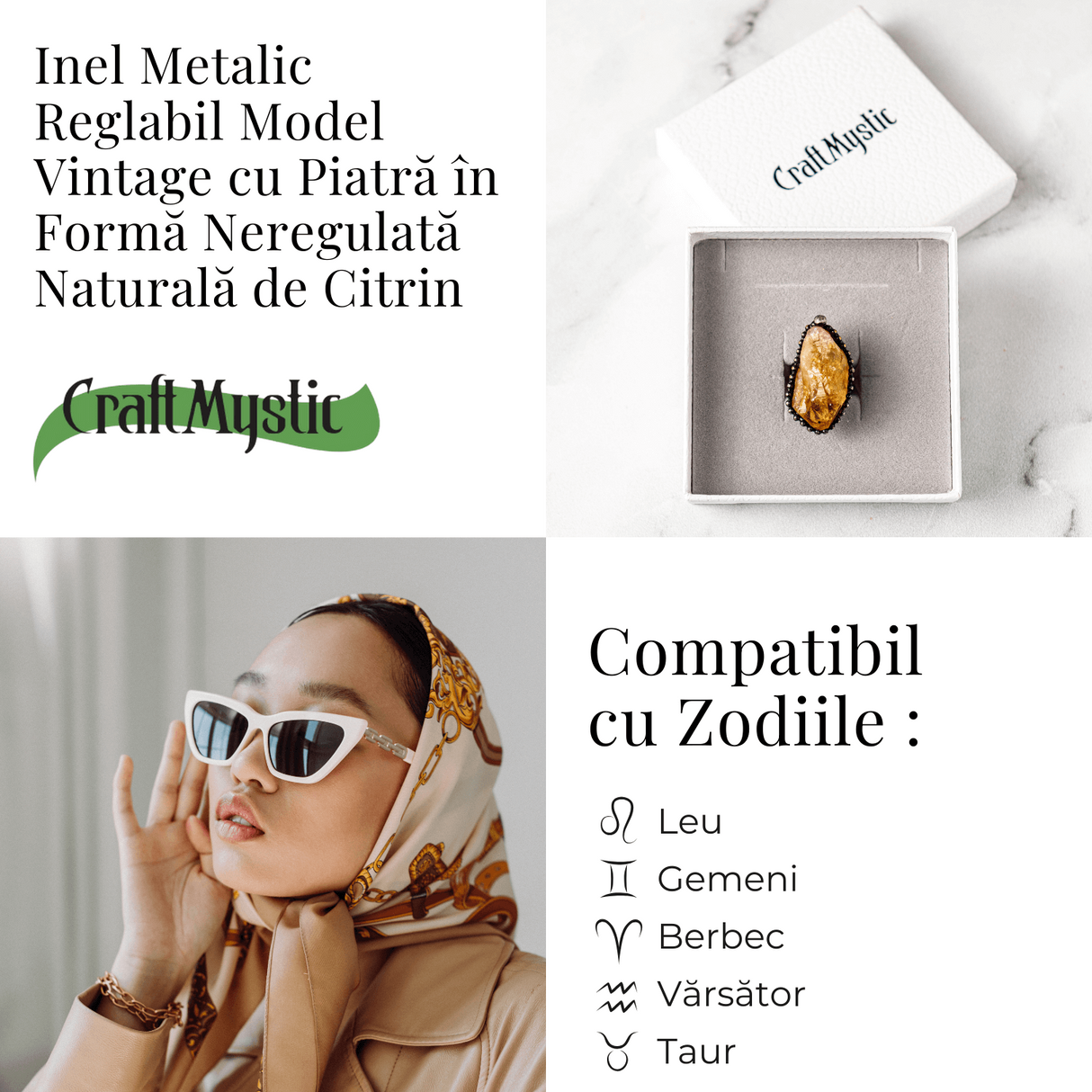 Inel Reglabil Vintage cu Citrin Natural – Abundenta si Energie Pozitiva