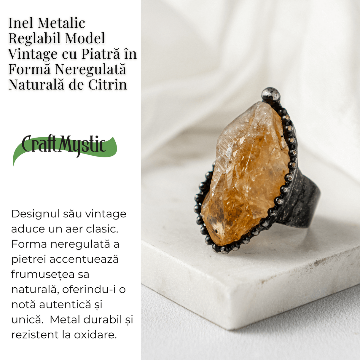 Inel Reglabil Vintage cu Citrin Natural – Abundenta si Energie Pozitiva