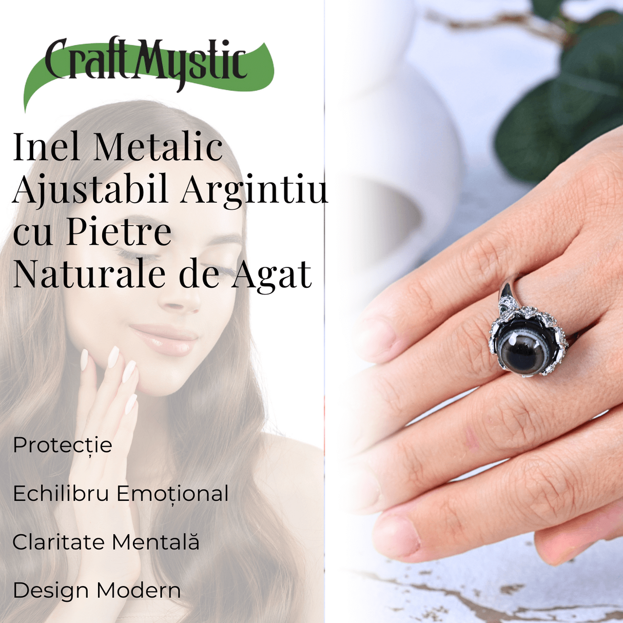Inel argintiu ajustabil cu Agat natural, pentru echilibru si claritate