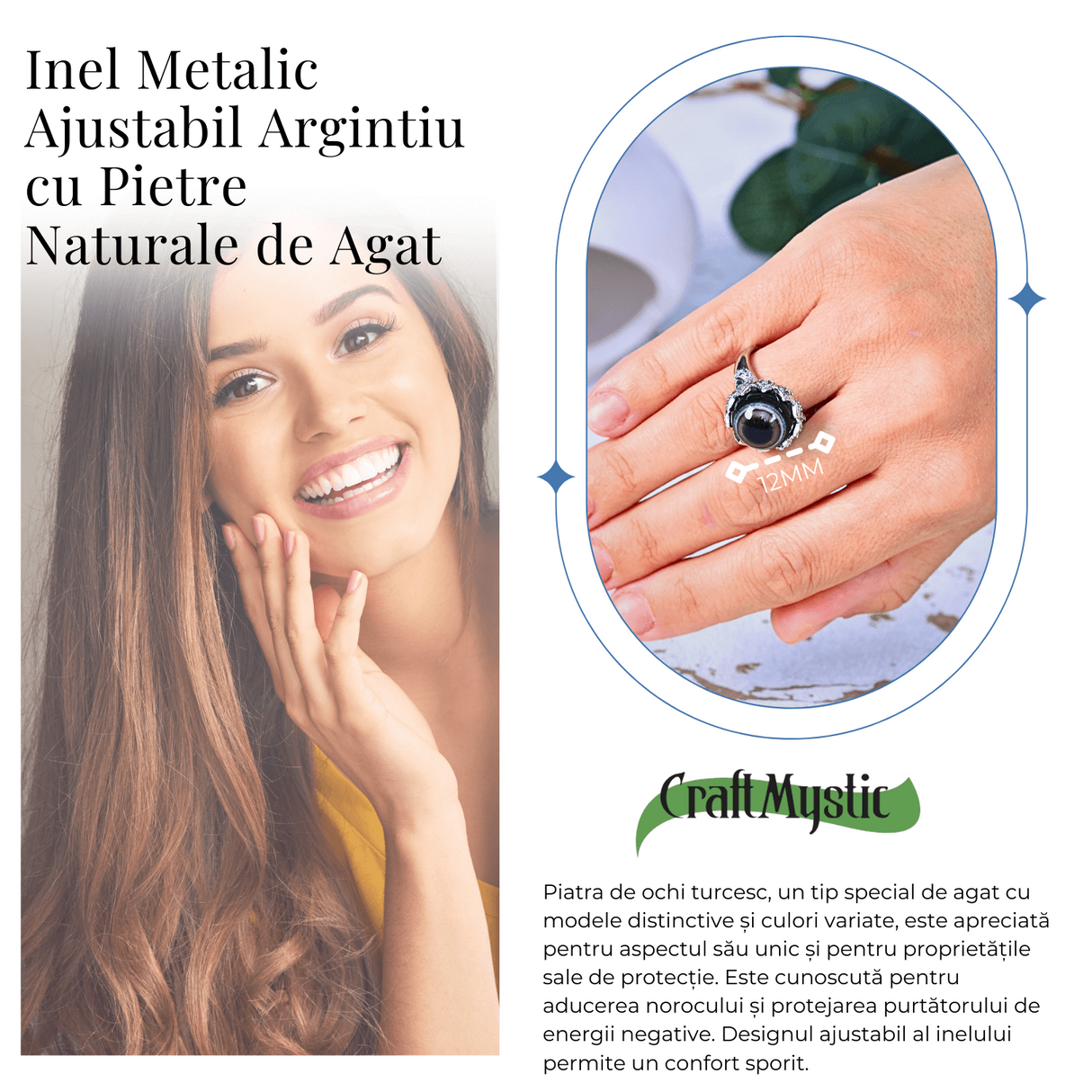 Inel argintiu ajustabil cu Agat natural, pentru echilibru si claritate