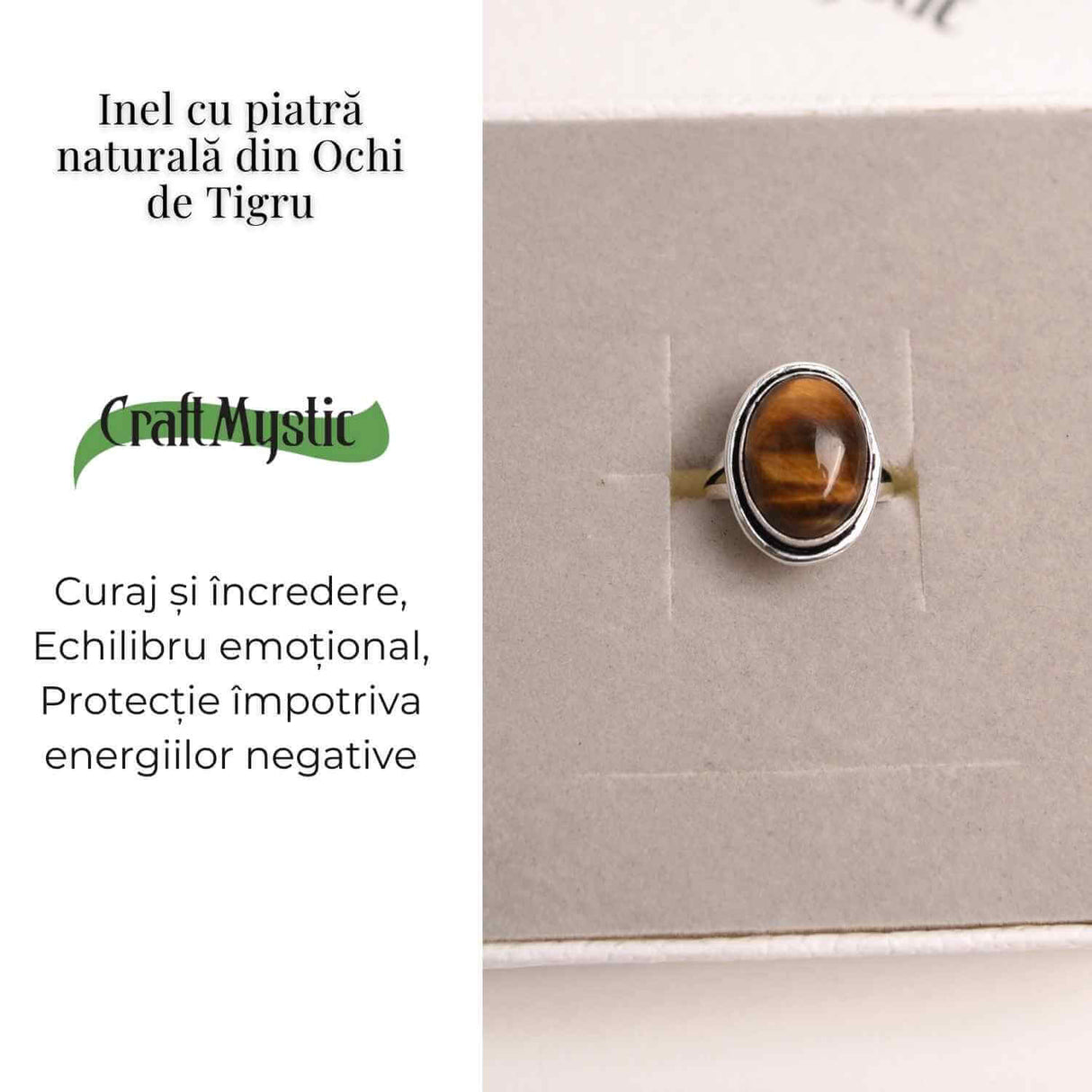 Inel ajustabil argintiu cu Ochi de Tigru – putere si protectie