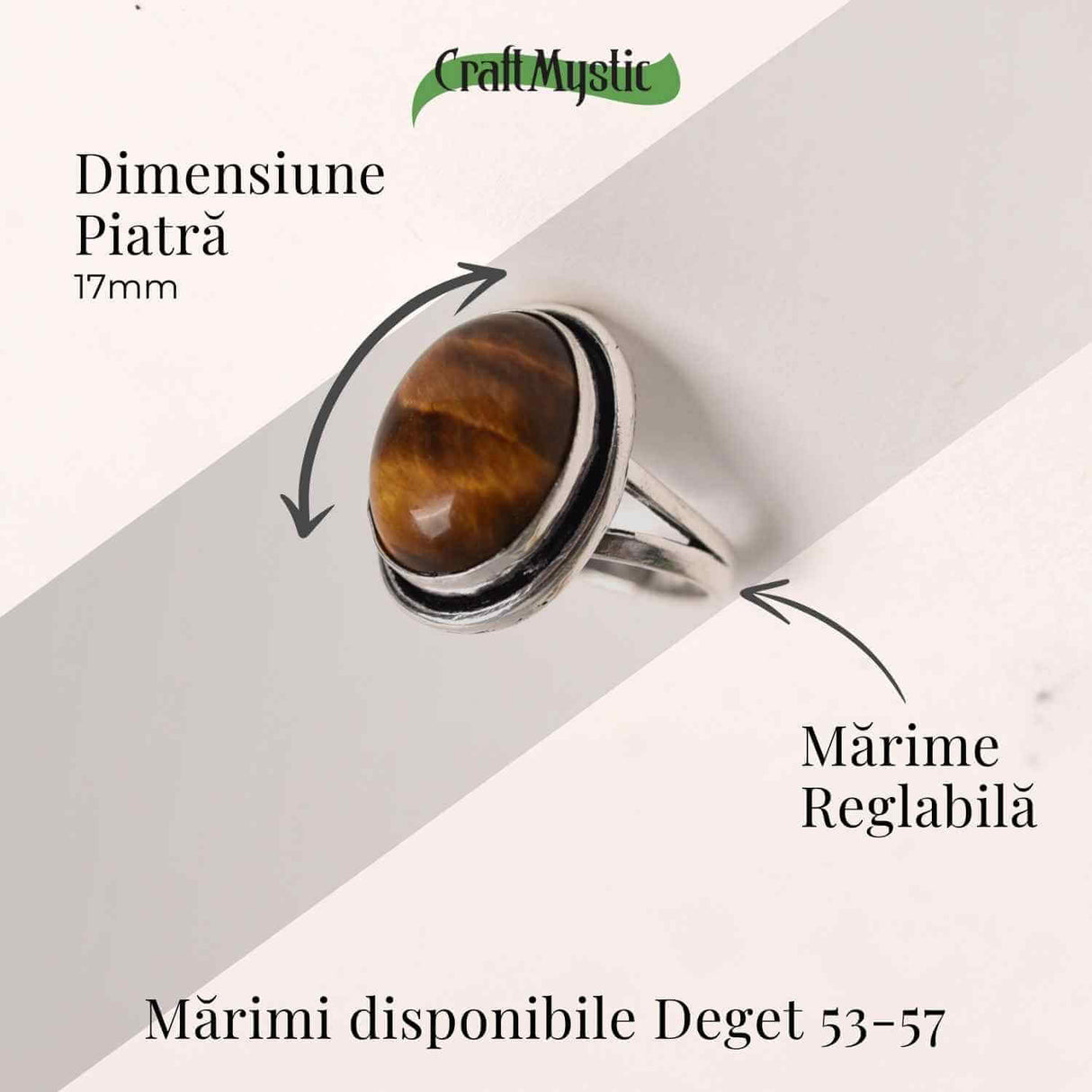 Inel ajustabil argintiu cu Ochi de Tigru – putere si protectie