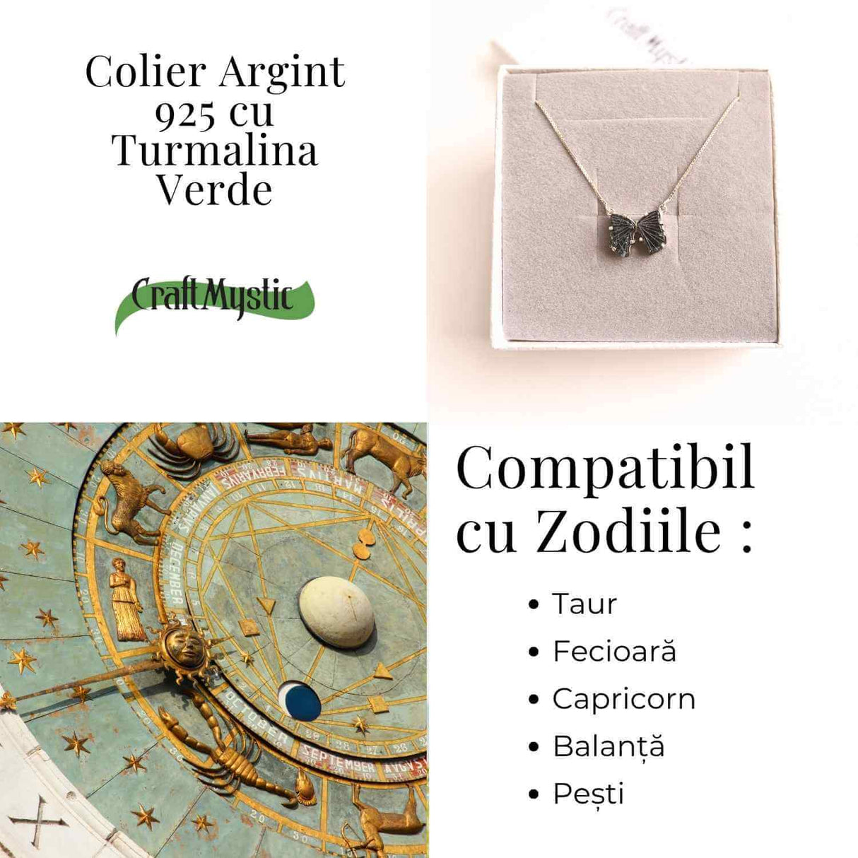Vindecare si Vitalitate – Colier fluture din Argint 925 cu Turmalina Verde Naturala
