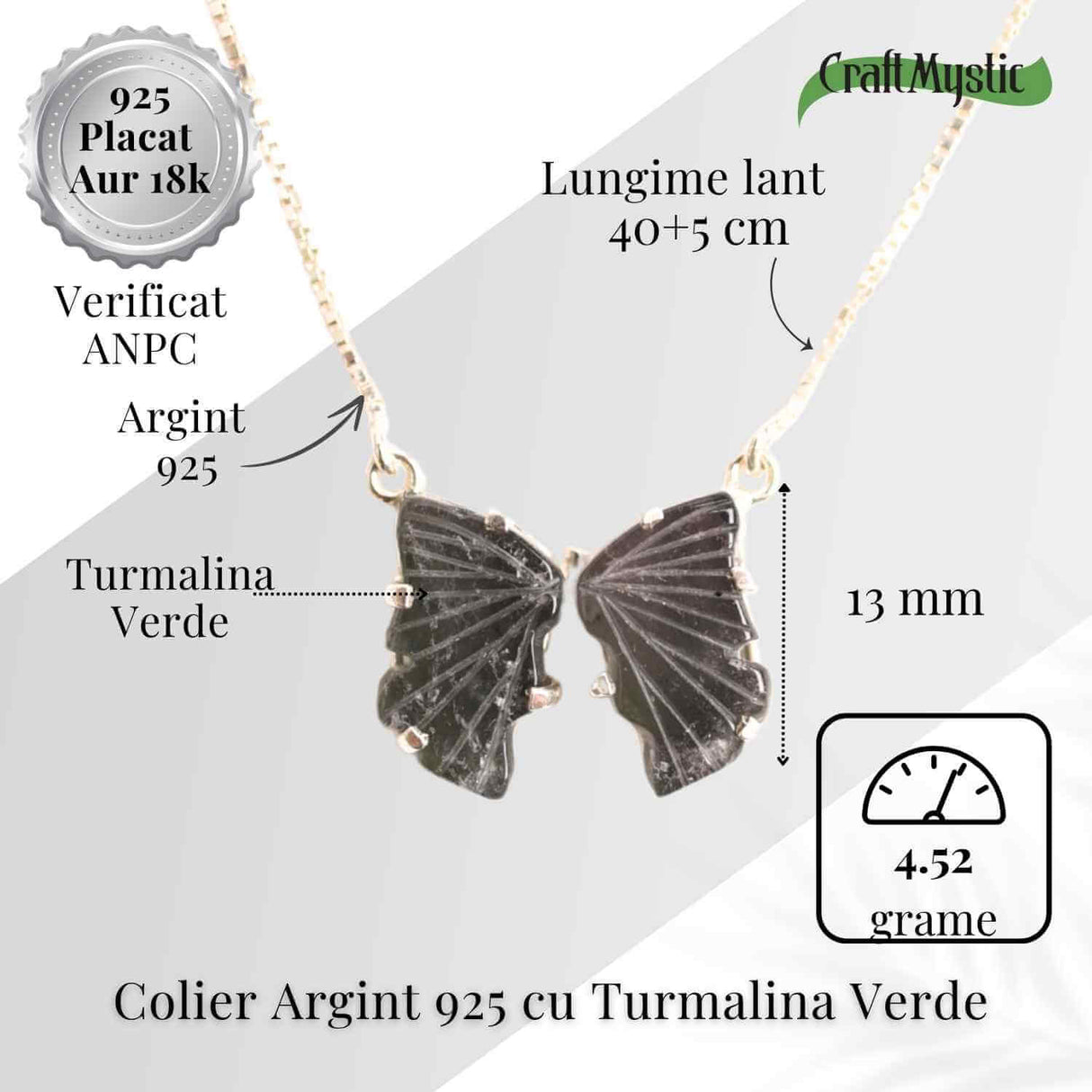 Vindecare si Vitalitate – Colier fluture din Argint 925 cu Turmalina Verde Naturala