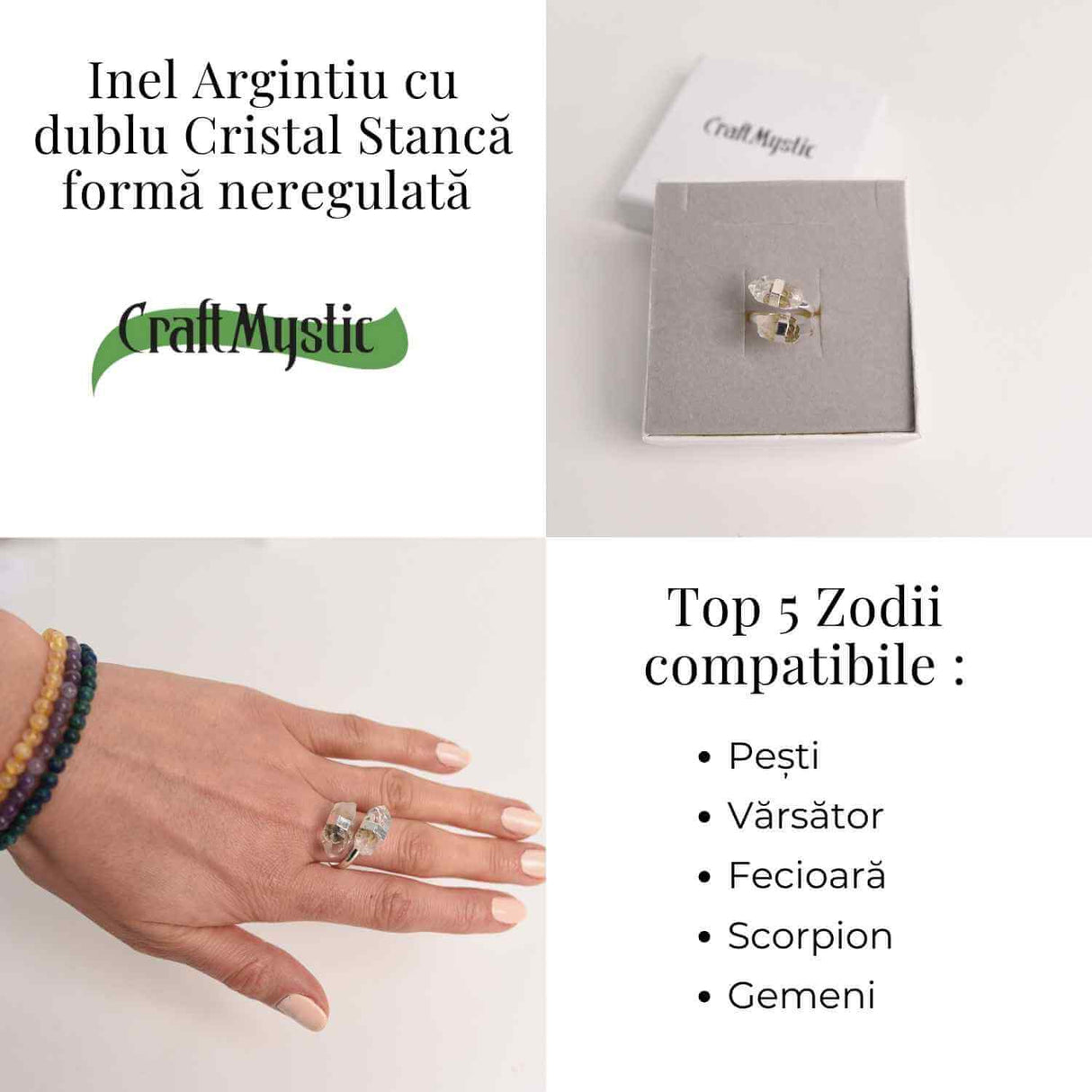 Inel Argintiu Reglabil cu Dublu Cristal Stanca