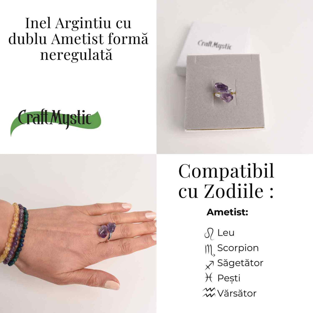 Inel Argintiu Reglabil cu Dublu Ametist