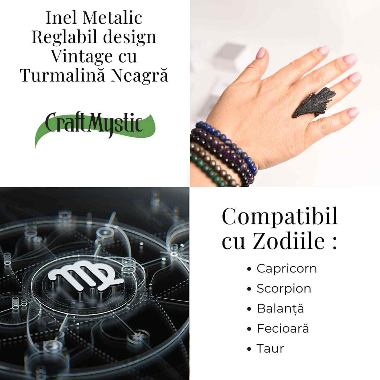 Inel Reglabil Vintage cu Turmalina Neagra aripa – Protectie si echilibru energetic