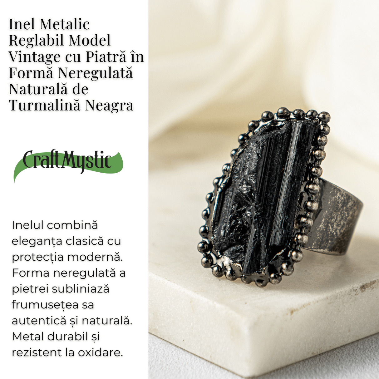 Inel Reglabil Vintage cu Turmalina Neagra – Protectie Energetica