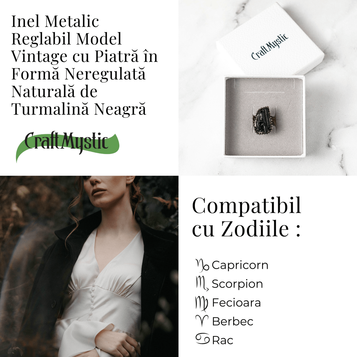 Inel Reglabil Vintage cu Turmalina Neagra – Protectie Energetica