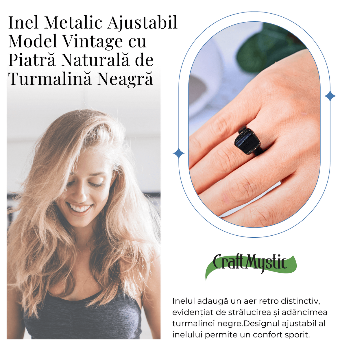 Inel vintage ajustabil cu Turmalina Neagra, pentru protectie si echilibru energetic