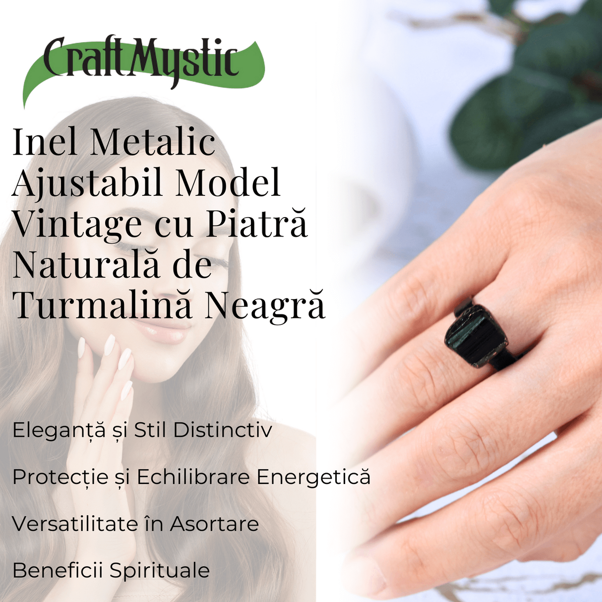 Inel vintage ajustabil cu Turmalina Neagra, pentru protectie si echilibru energetic