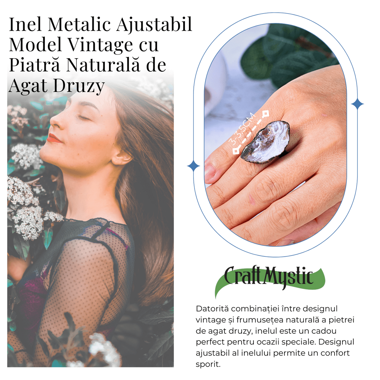 Inel vintage ajustabil cu Agat Druzy natural, pentru echilibru si protectie