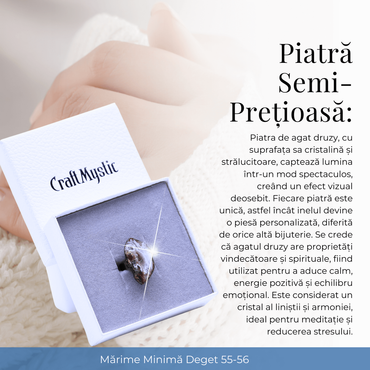 Inel vintage ajustabil cu Agat Druzy natural, pentru echilibru si protectie