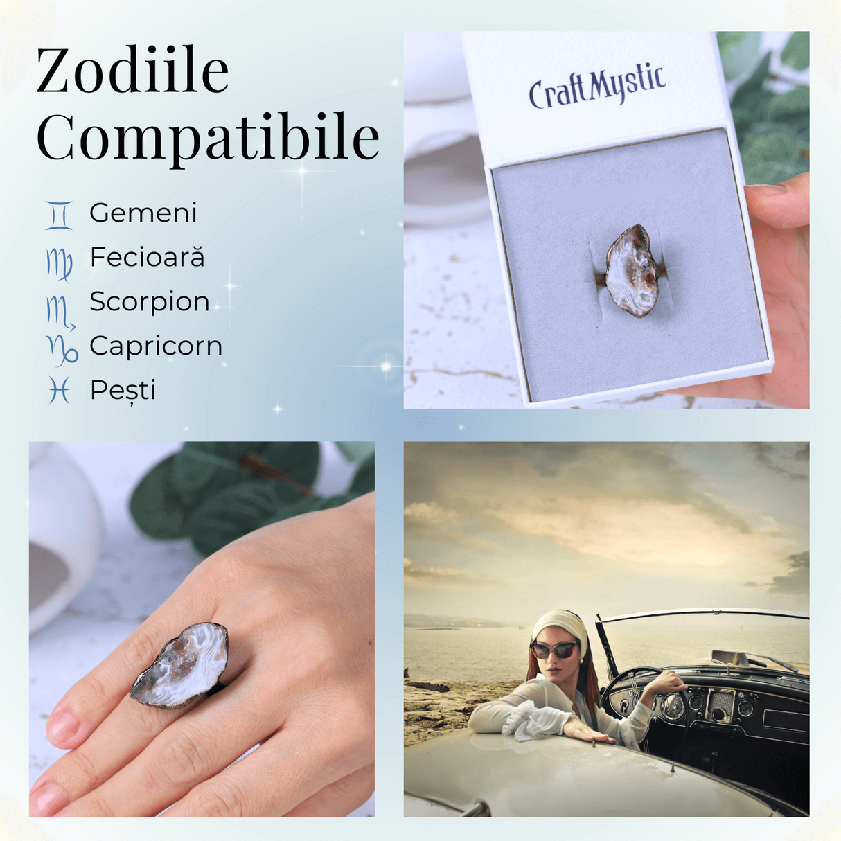 Inel vintage ajustabil cu Agat Druzy natural, pentru echilibru si protectie