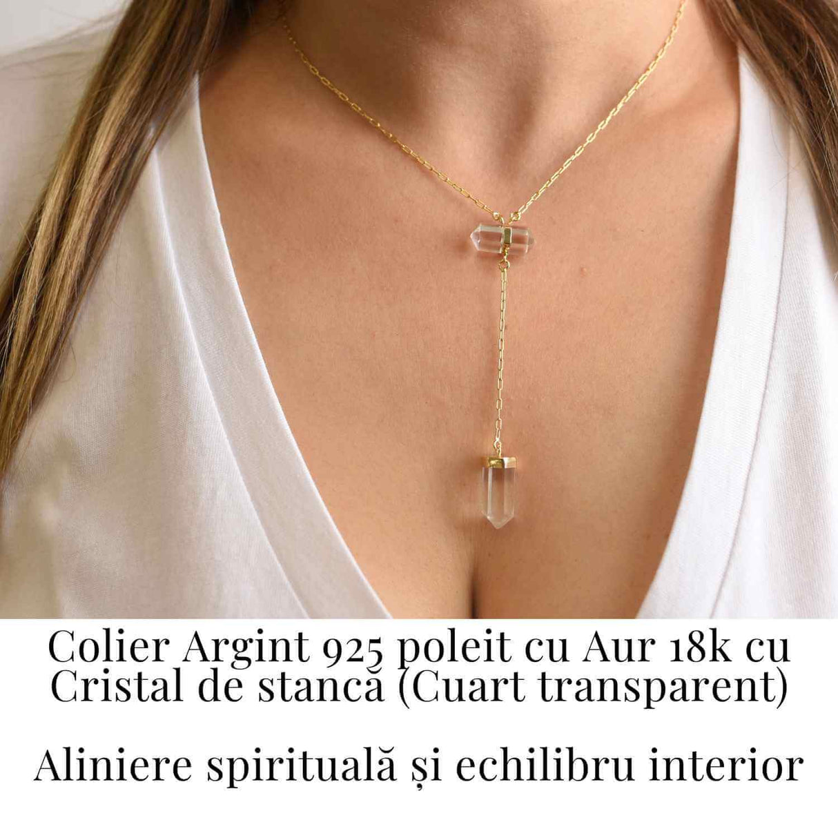 Colier Turnulet din Dublu Cuart de Stanca – Claritate Mentala si Protectie Energetica – Argint 925 Placat cu Aur 18K