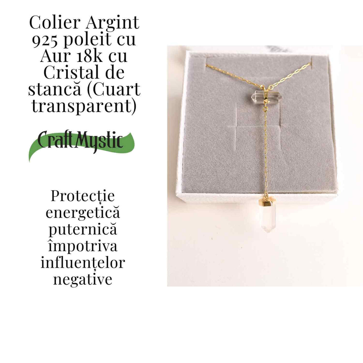 Colier Turnulet din Dublu Cuart de Stanca – Claritate Mentala si Protectie Energetica – Argint 925 Placat cu Aur 18K