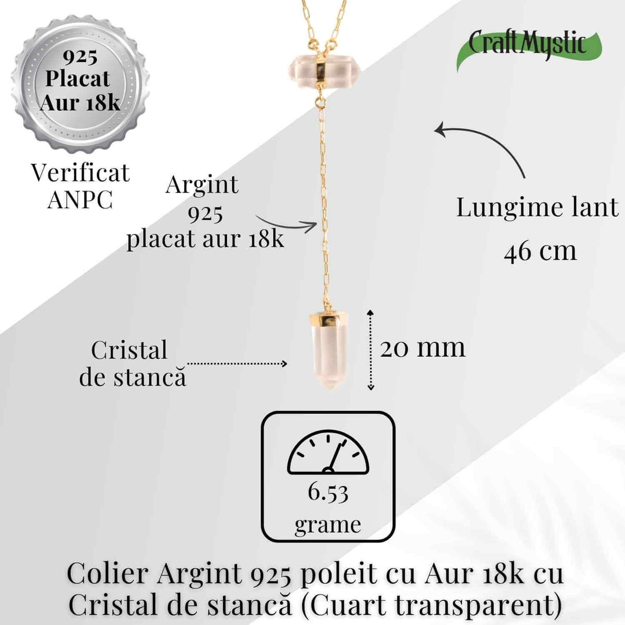 Colier Turnulet din Dublu Cuart de Stanca – Claritate Mentala si Protectie Energetica – Argint 925 Placat cu Aur 18K