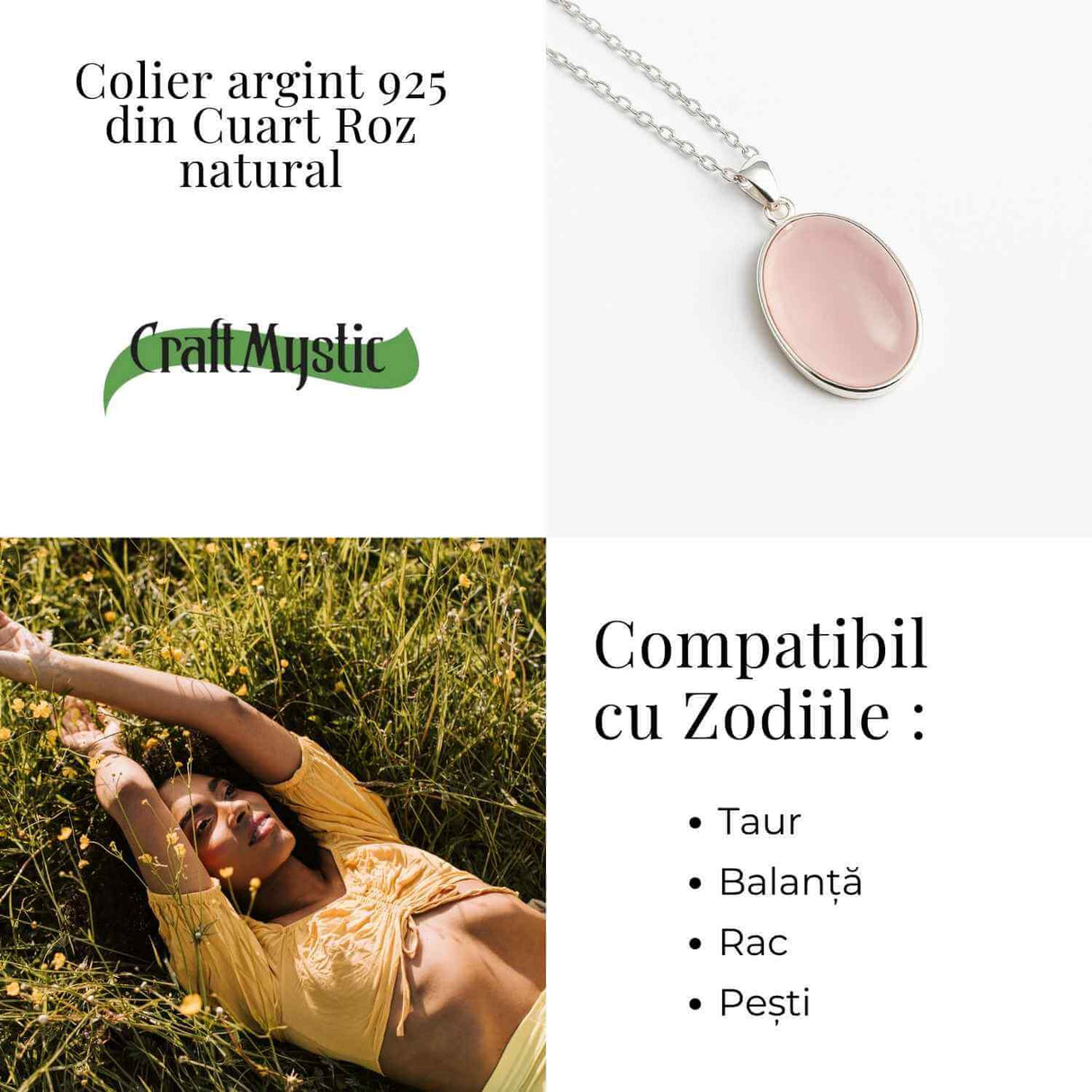 Colier montura argint 925 si piatra naturala din Cuart Roz oval – Vindecare emotionala