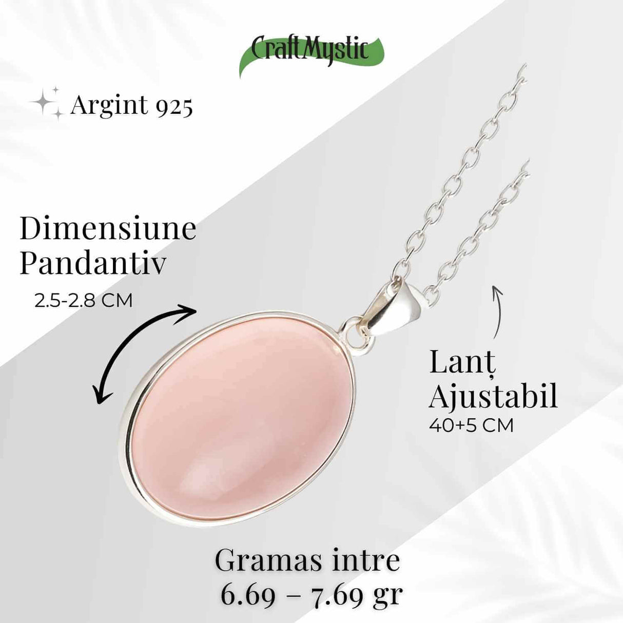 Colier montura argint 925 cu piatra naturala de Cuart Roz – Echilibru si iubire profunda