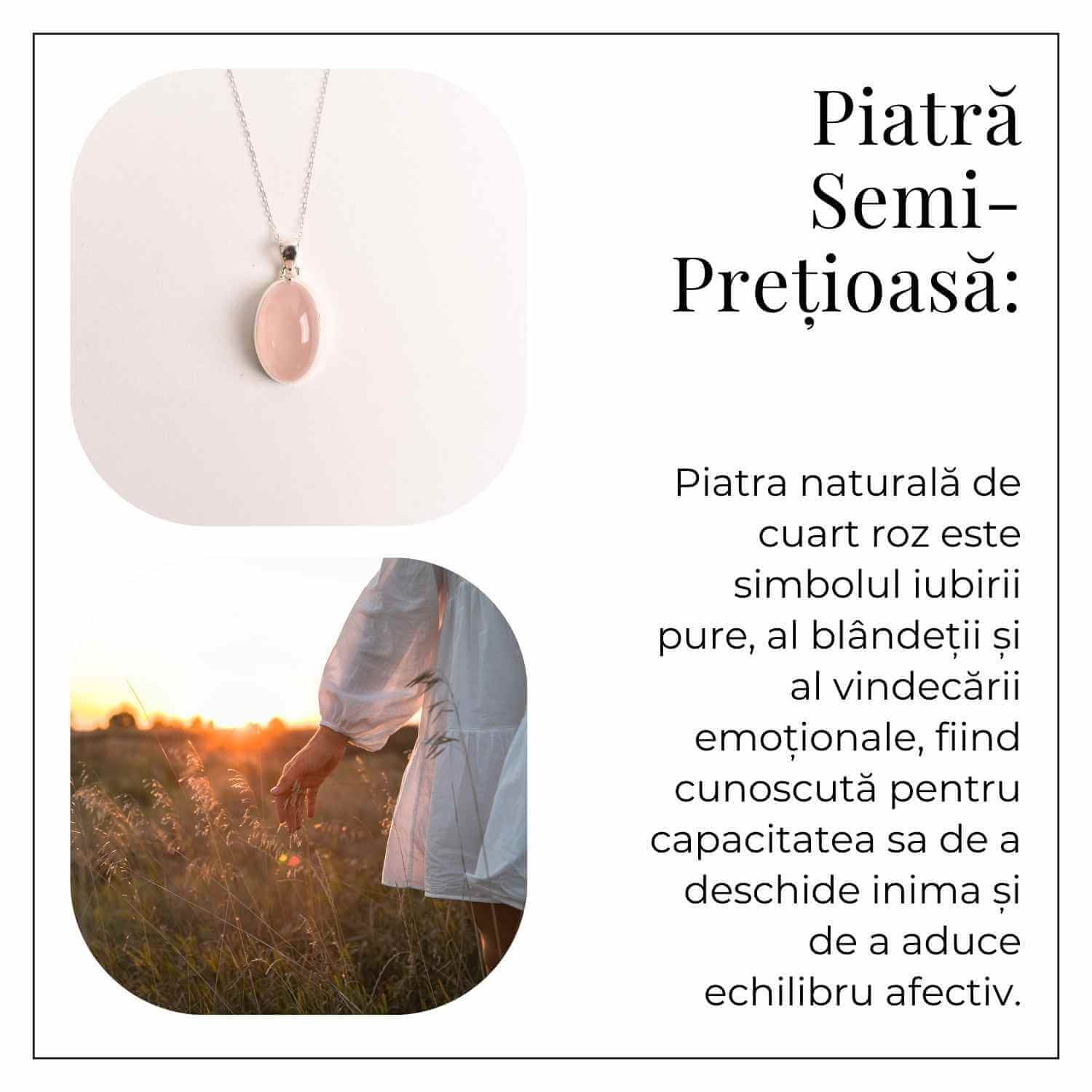 Colier montura argint 925 cu piatra naturala de Cuart Roz – Echilibru si iubire profunda
