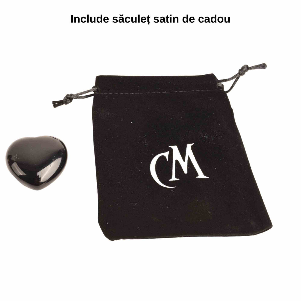 Inimioara cristal Obsidian Negru 4 cm si saculet satin inclus