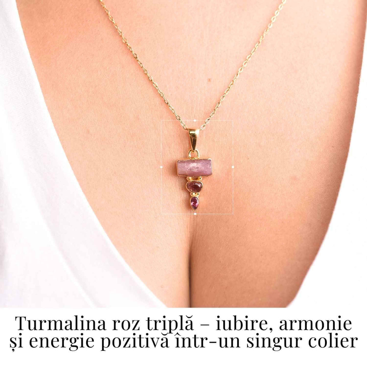 Iubire si Armonie Interioara – Colier inox si pandantiv argint 925 placat cu aur de18k si Triplu Turmalina Roz