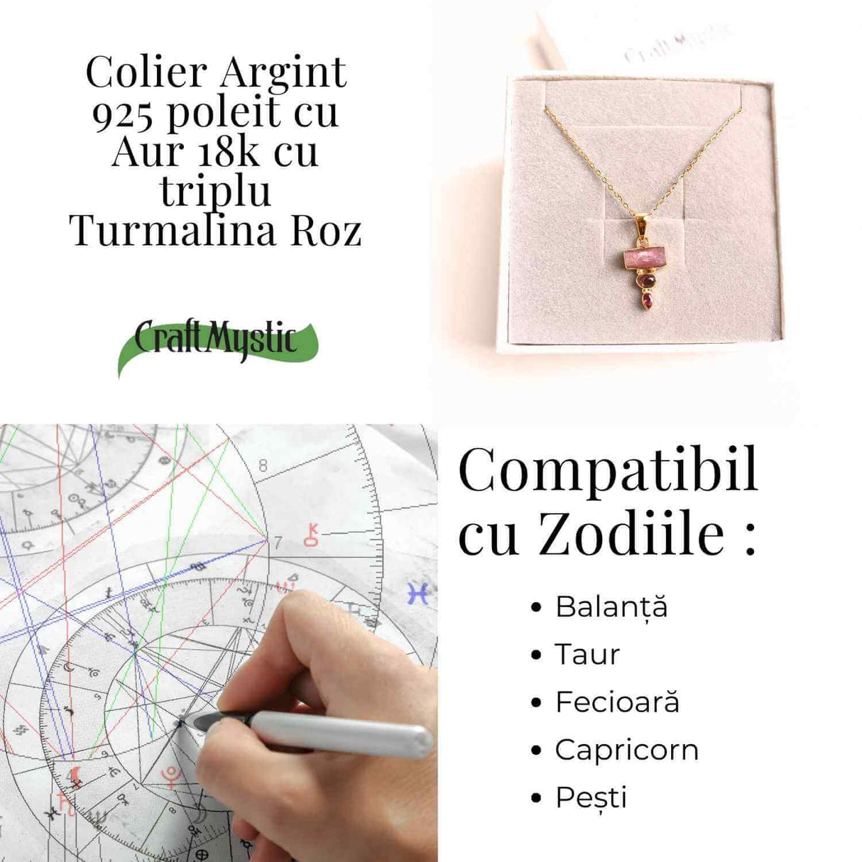 Iubire si Armonie Interioara – Colier inox si pandantiv argint 925 placat cu aur de18k si Triplu Turmalina Roz