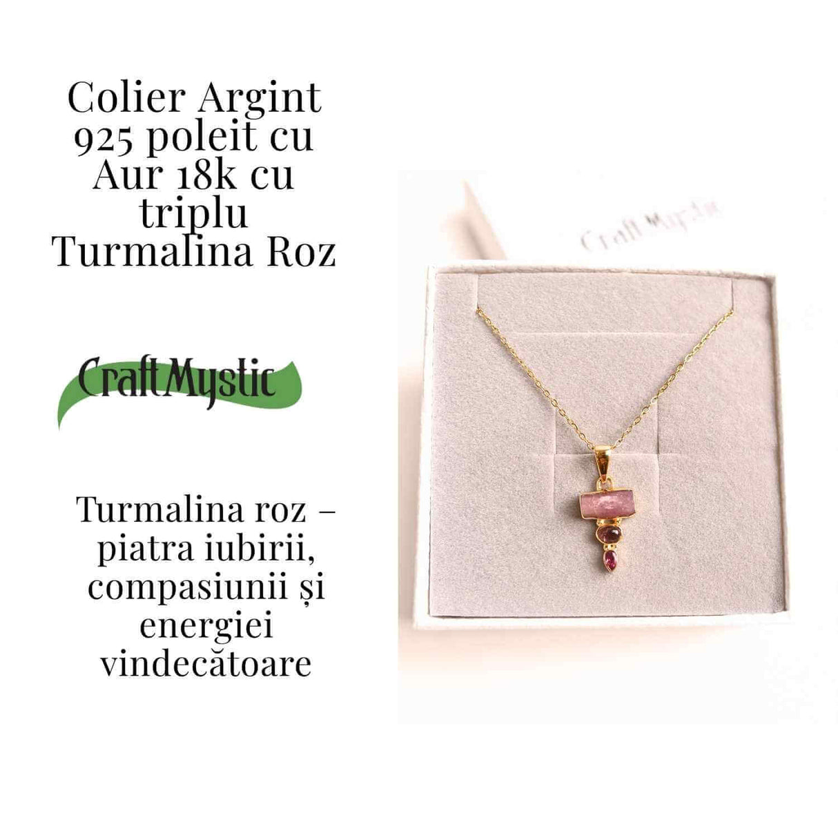 Iubire si Armonie Interioara – Colier inox si pandantiv argint 925 placat cu aur de18k si Triplu Turmalina Roz