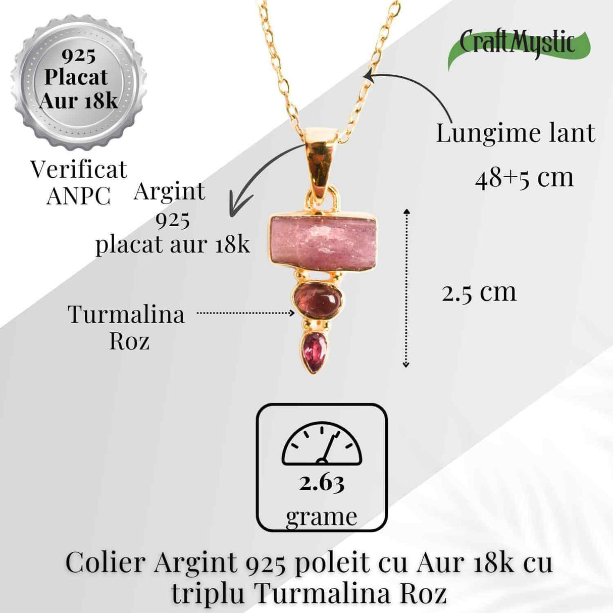 Iubire si Armonie Interioara – Colier inox si pandantiv argint 925 placat cu aur de18k si Triplu Turmalina Roz