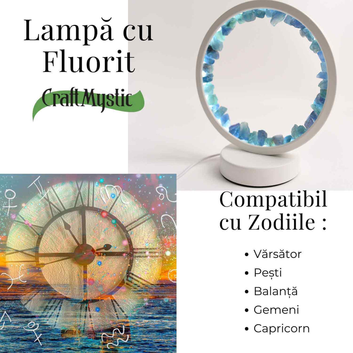 Lampa de noapte rotunda cu cristale fluorit – Echilibru si calm pentru orice camera