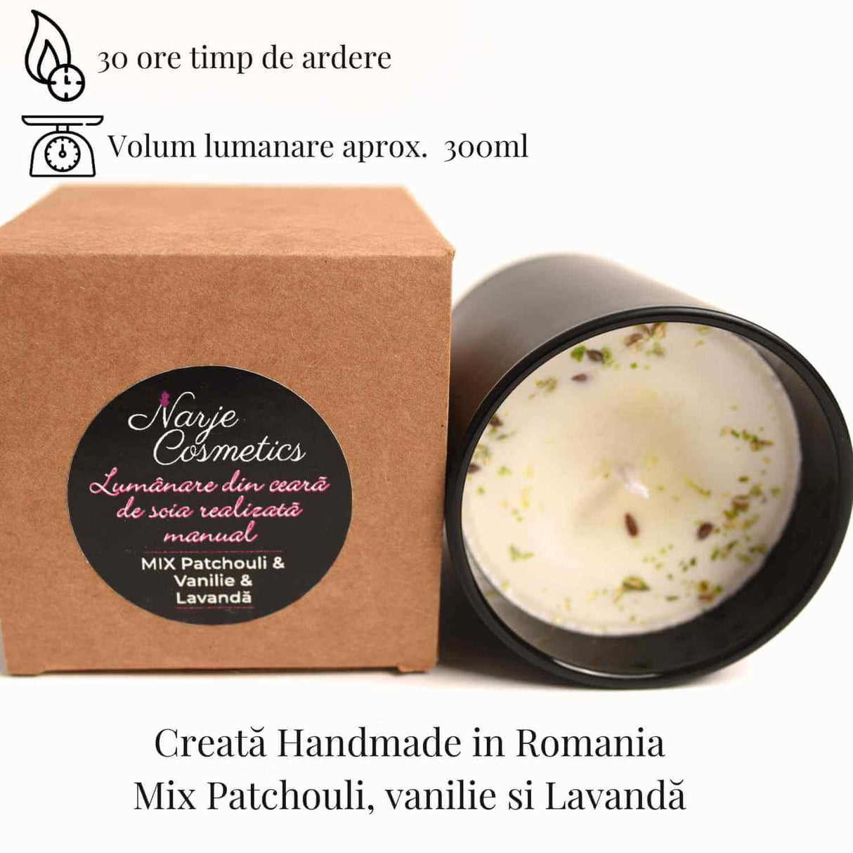 Lumanare cu ulei esential de patchouli, vanilie & lavanda – Relaxare si echilibru total