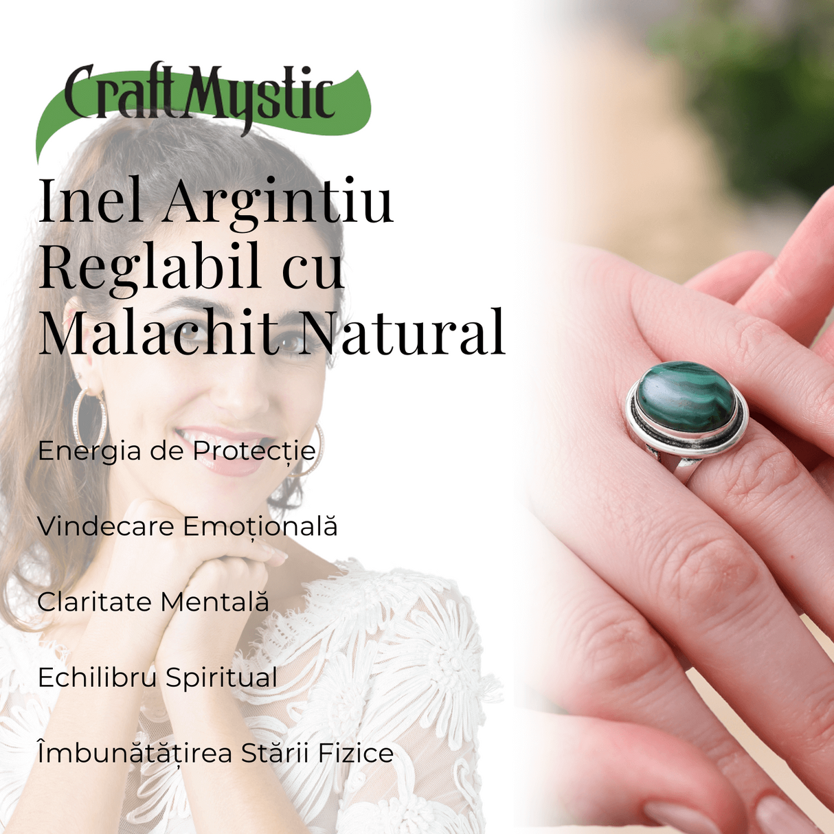 Inel Ajustabil Argintiu cu Malachit Natural