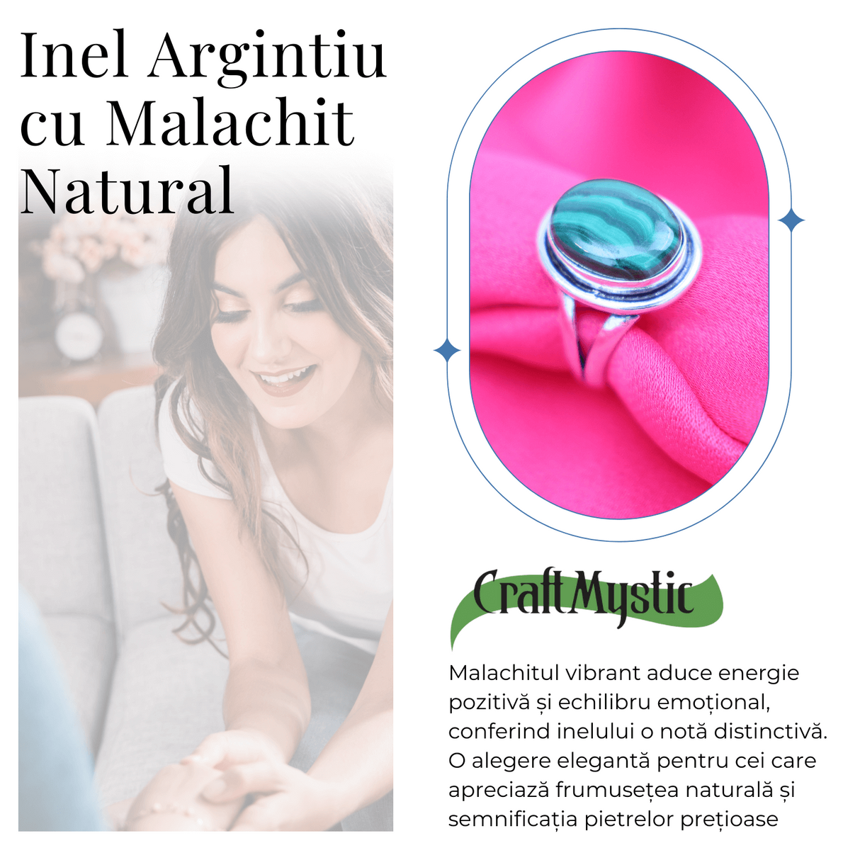 Inel Ajustabil Argintiu cu Malachit Natural