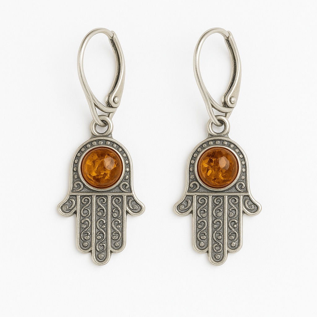 Mana protectiei blande – Cercei cu Mana Fatimei si chihlimbar in montura argint 925