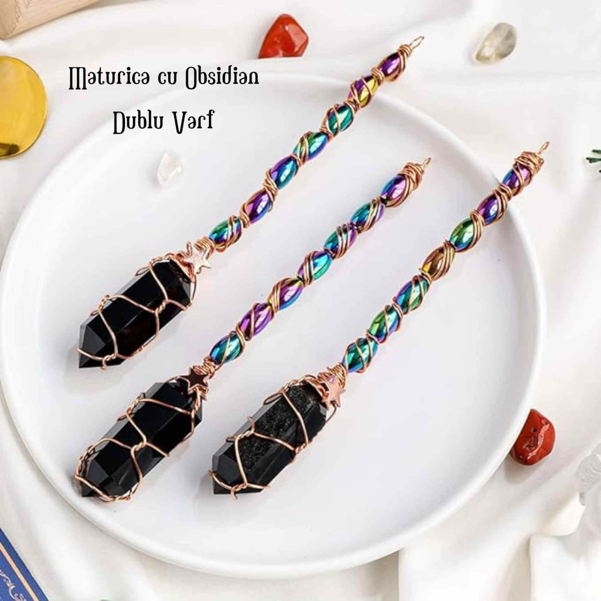 Maturica Decorativa 14 cm cu Obsidian Dublu varf Natural Ornament Handmade Perfect pentru Energie Pozitiva si Noroc in Viata