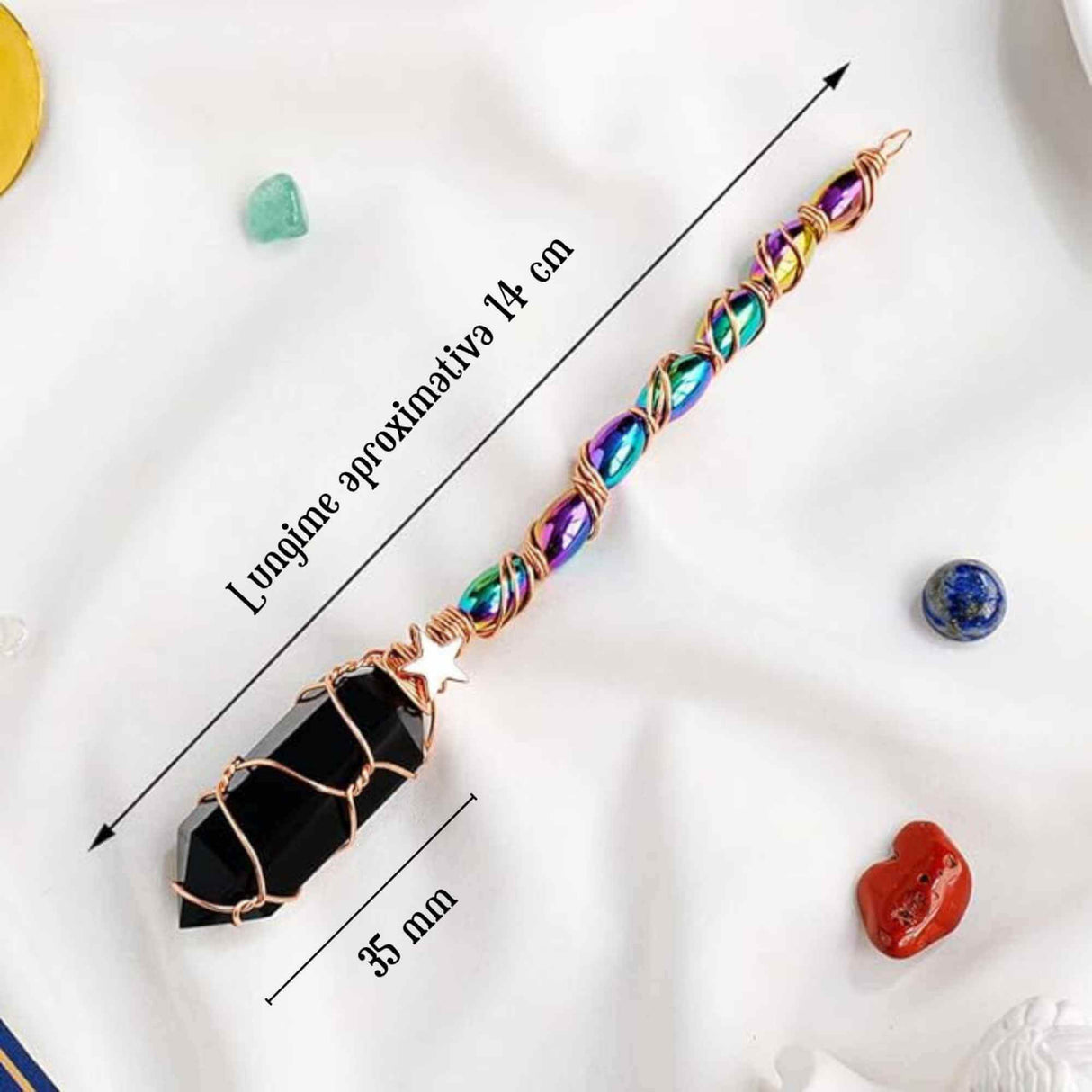 Maturica Decorativa 14 cm cu Obsidian Dublu varf Natural Ornament Handmade Perfect pentru Energie Pozitiva si Noroc in Viata