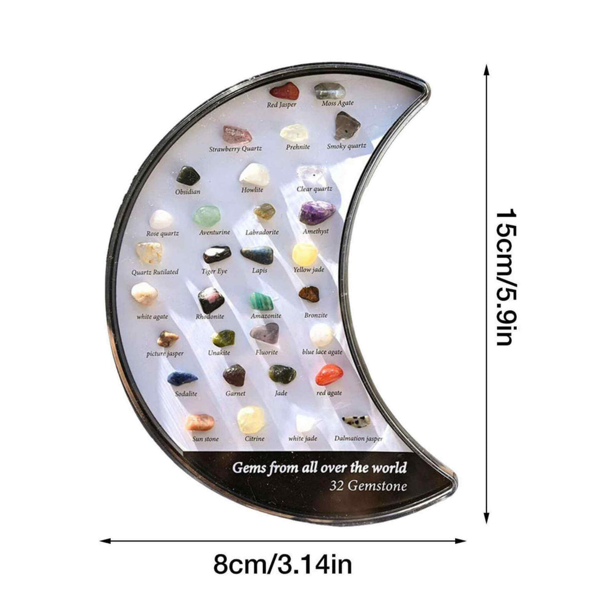 Mini set 32 pietre de colectie | Cutie in forma de luna cu pietre specimen etichetate, educationale pentru baieti si fete