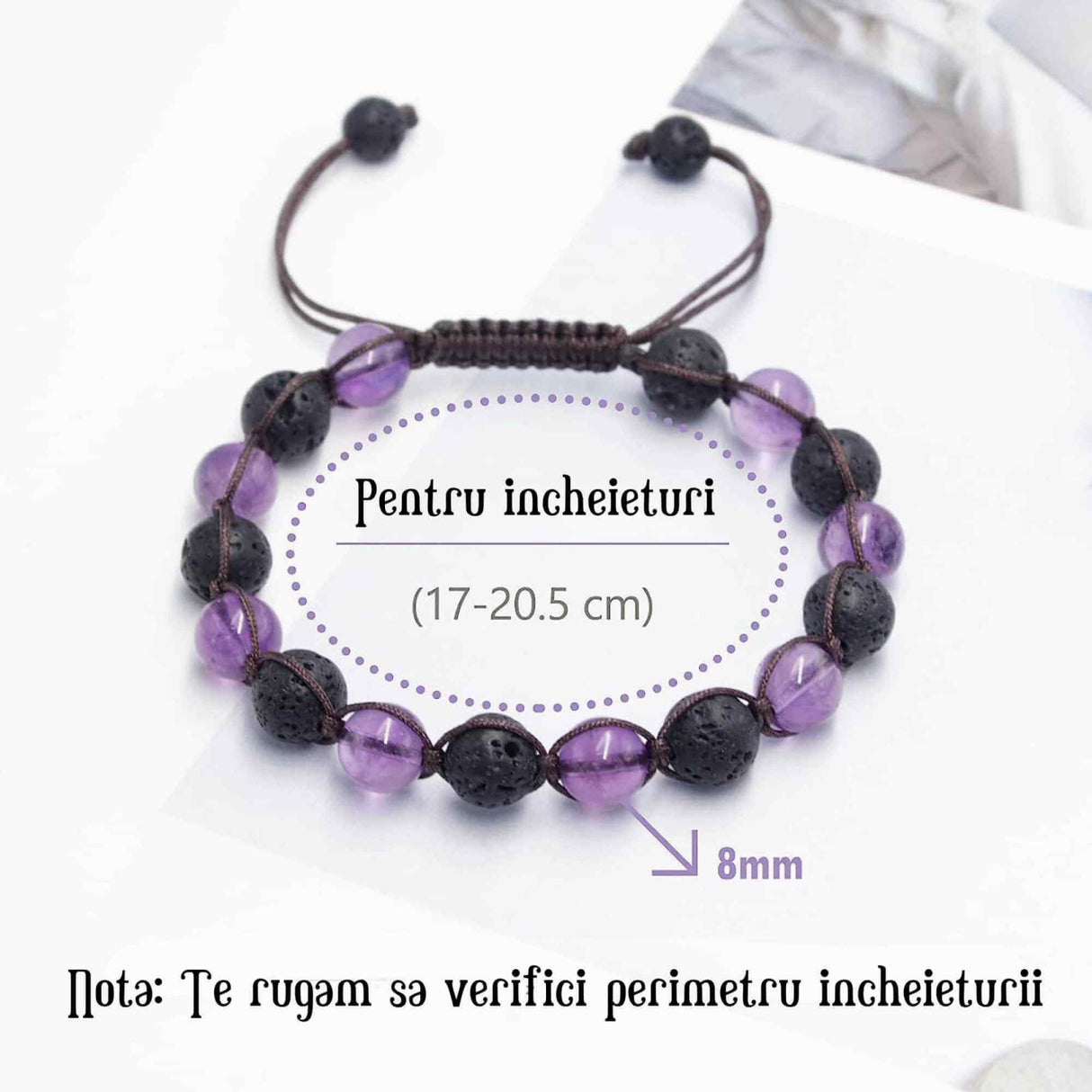 Bratara lucrata manual cu cristale 8mm naturale de ametist si roca vulcanica - Pentru femei protectie energetica pentru noroc si echilibru