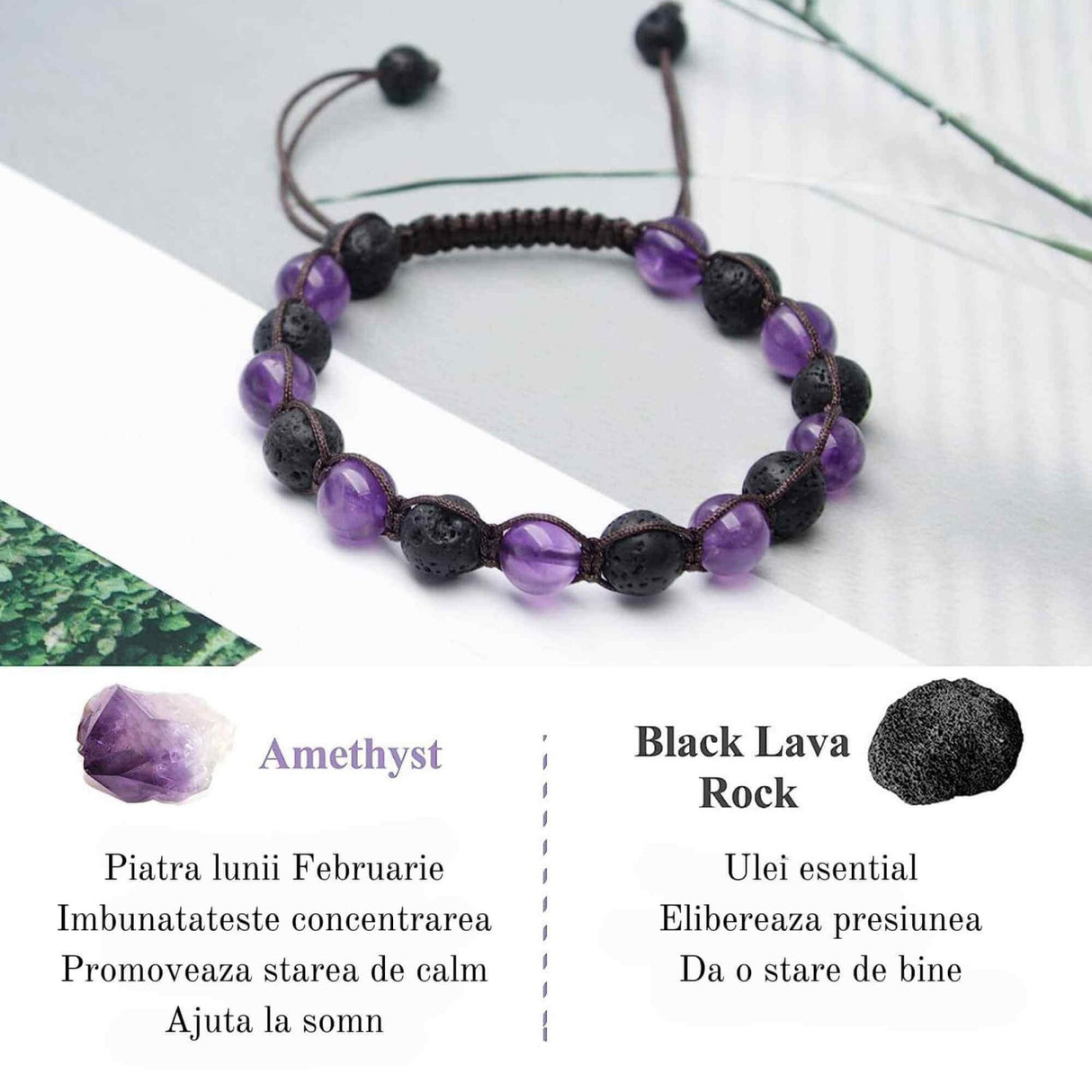 Bratara lucrata manual cu cristale 8mm naturale de ametist si roca vulcanica - Pentru femei protectie energetica pentru noroc si echilibru