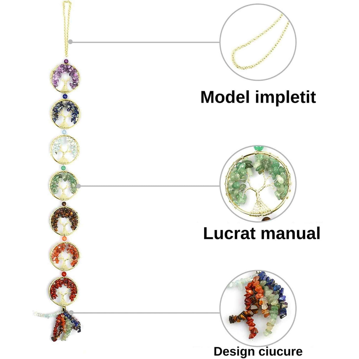Ornament de agatat cu 7 chakre reprezentate cu arborele vietii lucrat manual cu pietre semipretioase si cristale vindecatoare - Ornament de meditatie, decor feng shui pentru casa, birou, masina