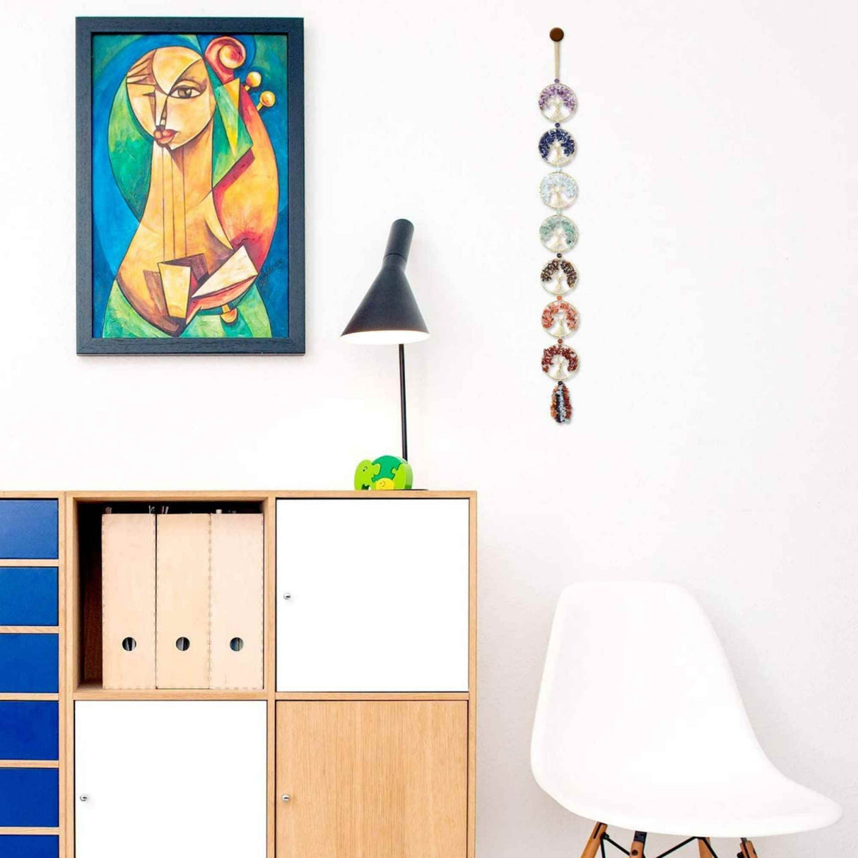 Ornament de agatat cu 7 chakre reprezentate cu arborele vietii lucrat manual cu pietre semipretioase si cristale vindecatoare - Ornament de meditatie, decor feng shui pentru casa, birou, masina