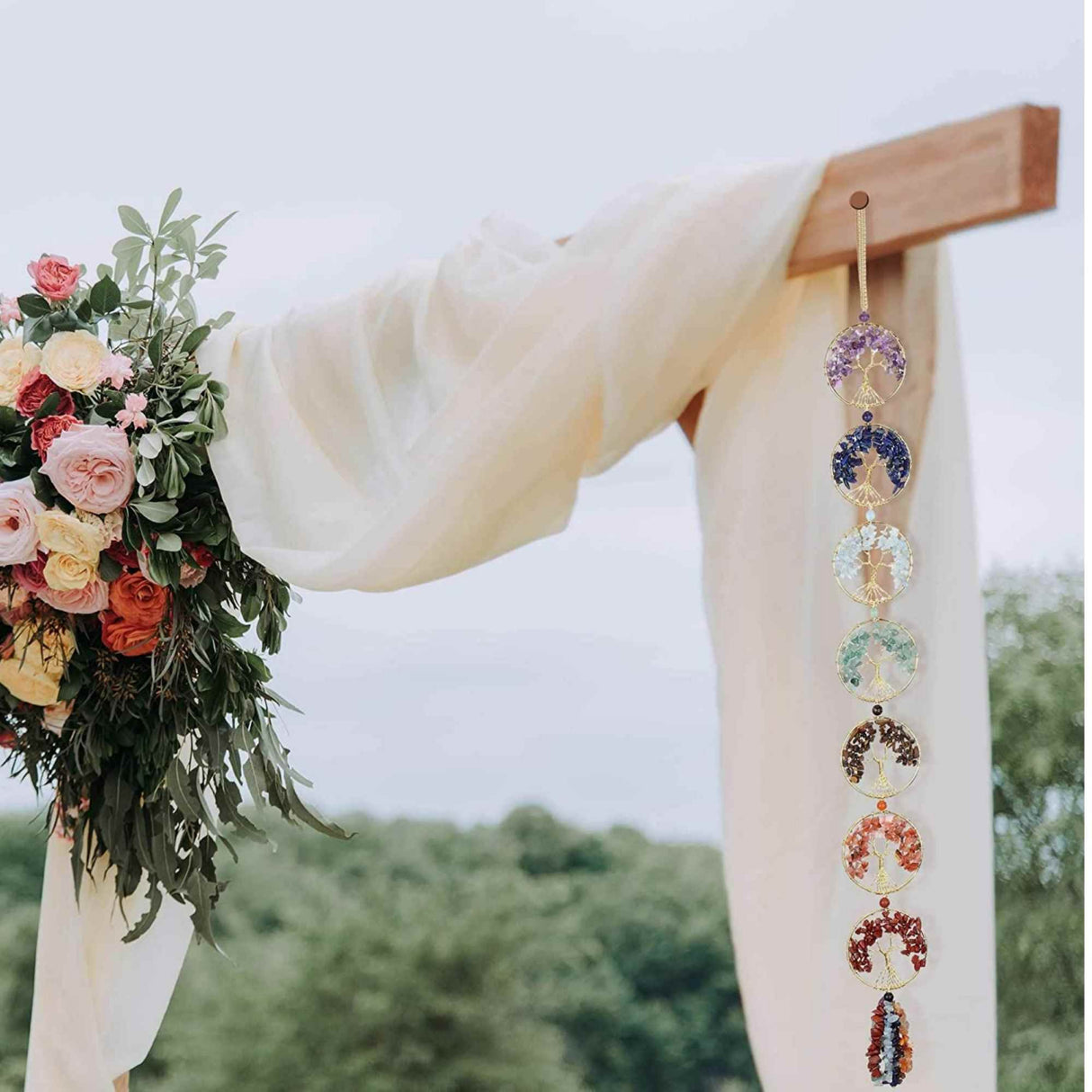 Ornament de agatat cu 7 chakre reprezentate cu arborele vietii lucrat manual cu pietre semipretioase si cristale vindecatoare - Ornament de meditatie, decor feng shui pentru casa, birou, masina