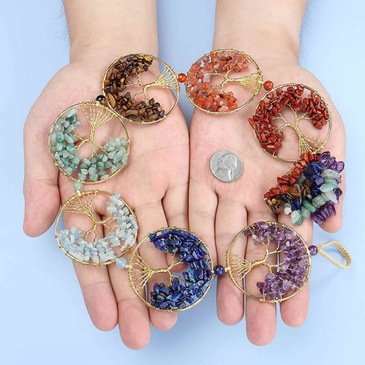 Ornament de agatat cu 7 chakre reprezentate cu arborele vietii lucrat manual cu pietre semipretioase si cristale vindecatoare - Ornament de meditatie, decor feng shui pentru casa, birou, masina