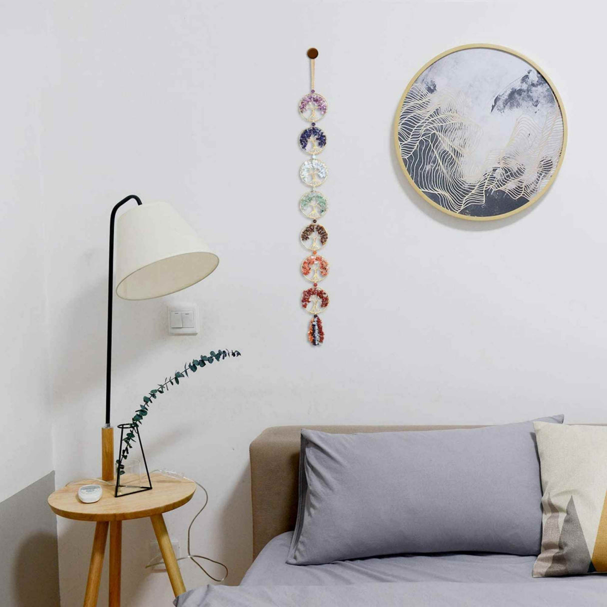 Ornament de agatat cu 7 chakre reprezentate cu arborele vietii lucrat manual cu pietre semipretioase si cristale vindecatoare - Ornament de meditatie, decor feng shui pentru casa, birou, masina